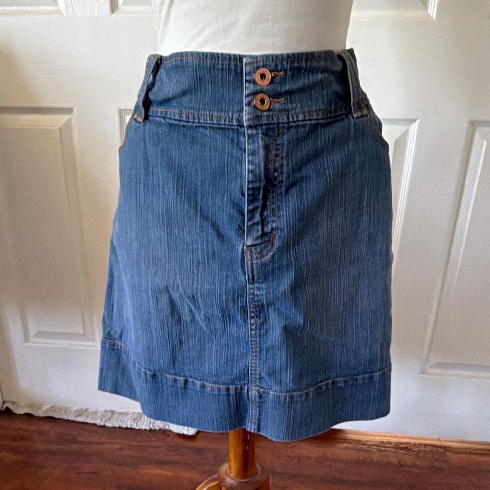 Venezia Womens Blue Denim A-Line Knee Length Skirt Sz 16 Stretch Pockets Button